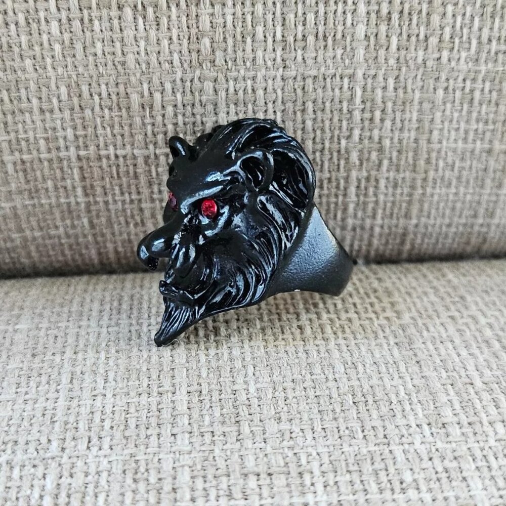 Lion Face Ring Black Tone Metal Fashion Jewelry Red Eyes Unisex Ring Size 9 - Picture 5 of 12